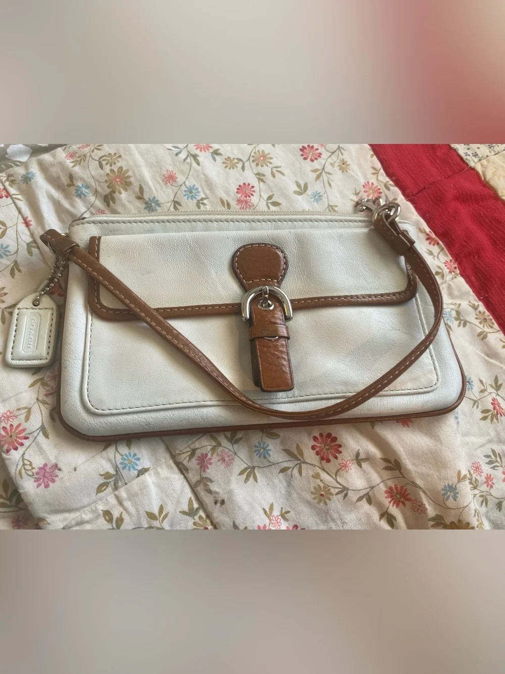 VINTAGE COACH Cream and Brown Leather Wallet with Buckle Accent & Wrist Strap